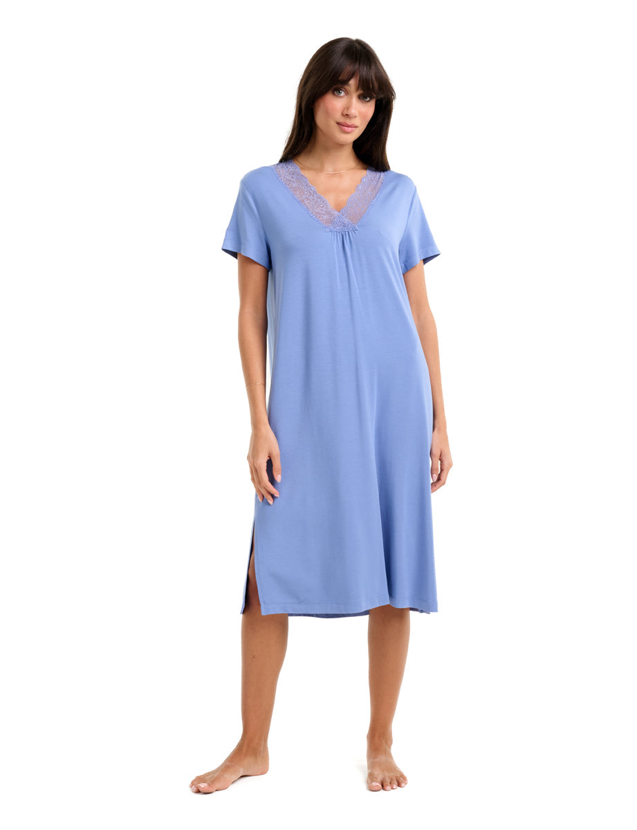 Modal With Lace Short Sleeve Nightie Colony Blue