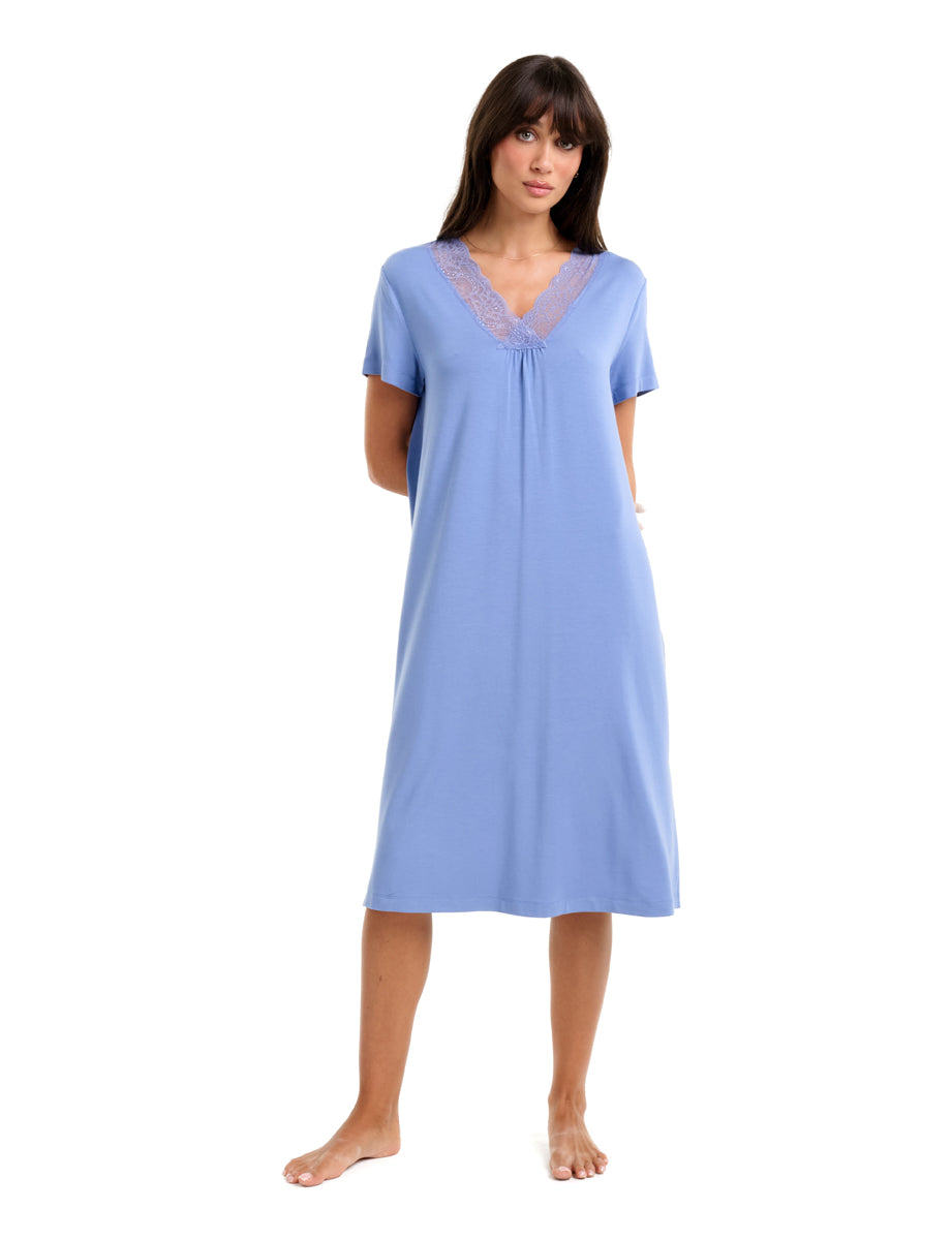 Modal With Lace Short Sleeve Nightie Colony Blue