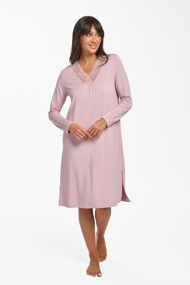 Modal & Lace L/S Nightie Crystal