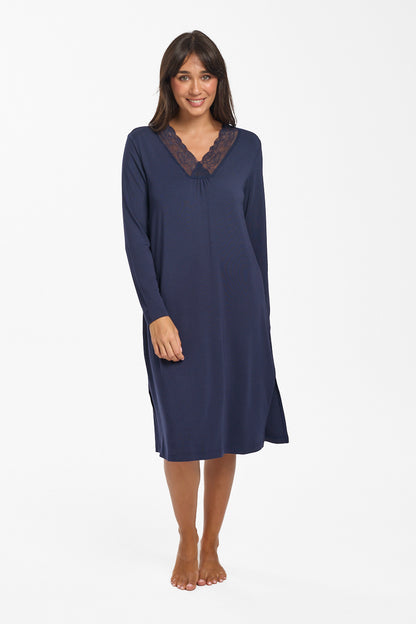 New Modal & Lace L/S Nightie Navy