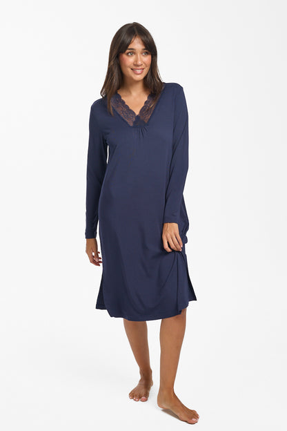 New Modal & Lace L/S Nightie Navy