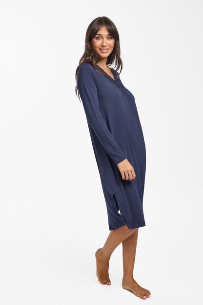 New Modal & Lace L/S Nightie Navy