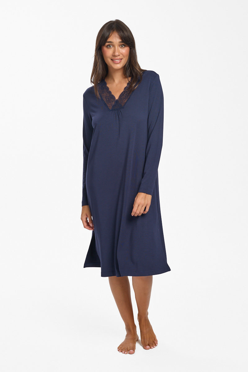 Modal & Lace L/S Nightie Navy