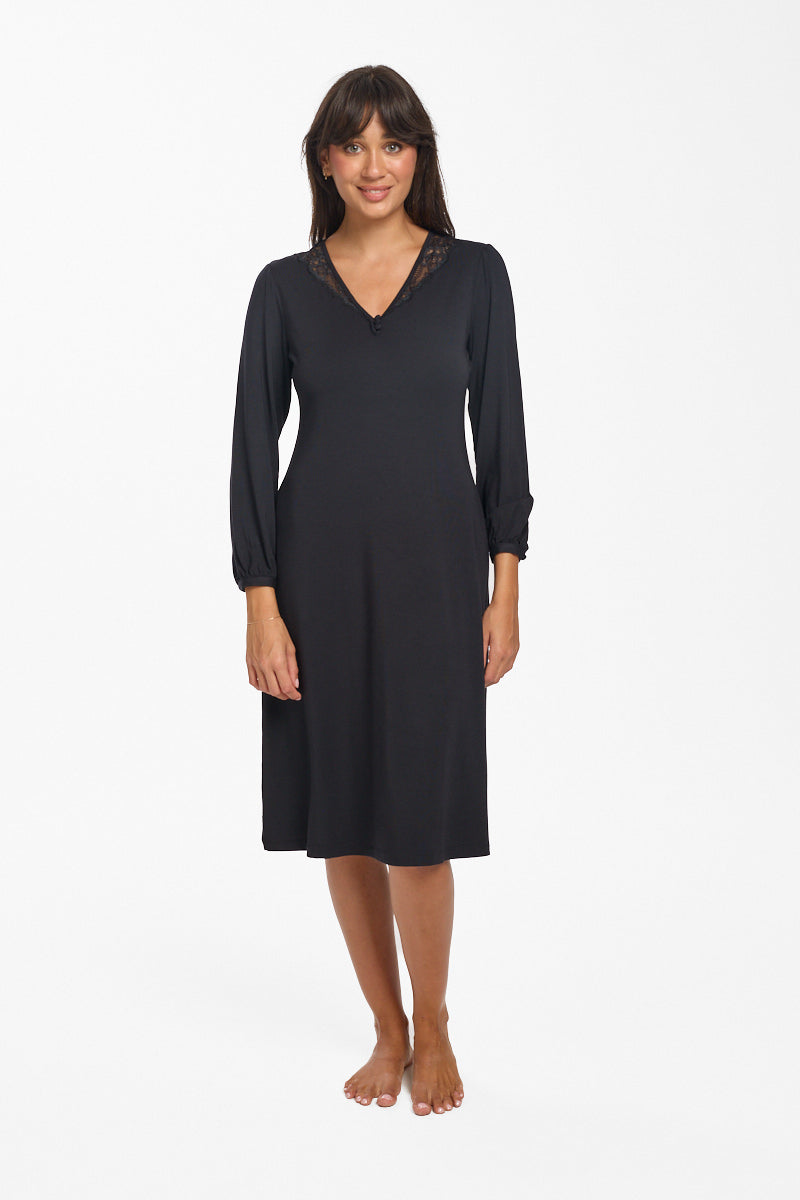 La Femme L/S Modal Nightie Black