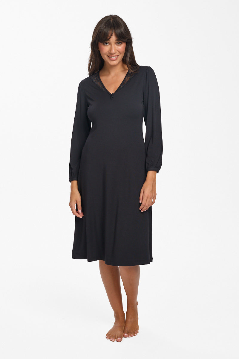 New La Femme L/S Modal Nightie Black