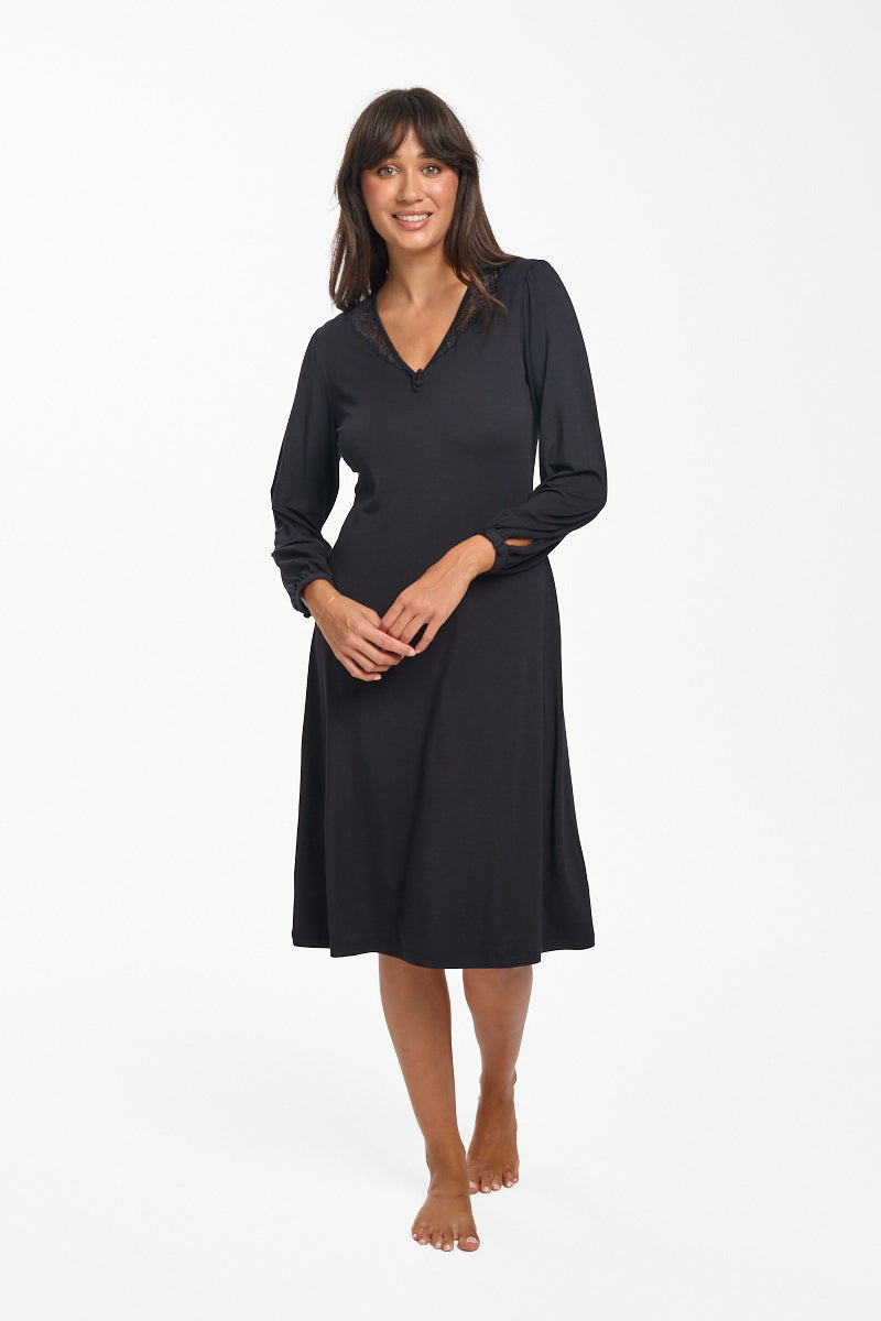 La Femme L/S Modal Nightie Black