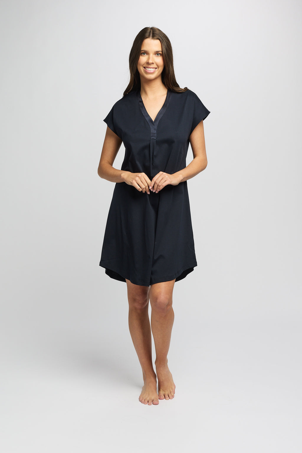 Supima Cotton Silk Trim V Neck Nightie - Navy