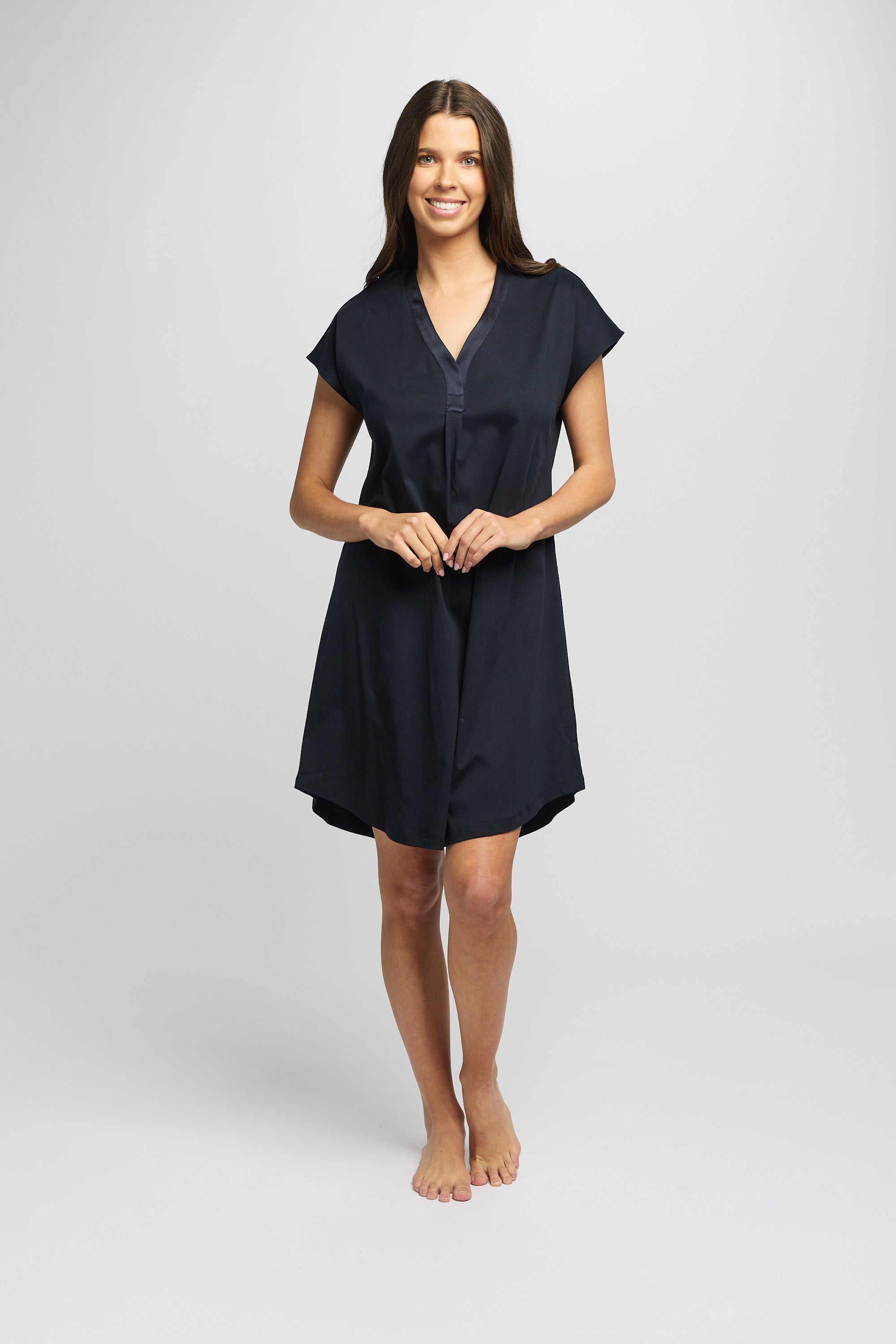 Supima Cotton Silk Trim V Neck Nightie - Navy