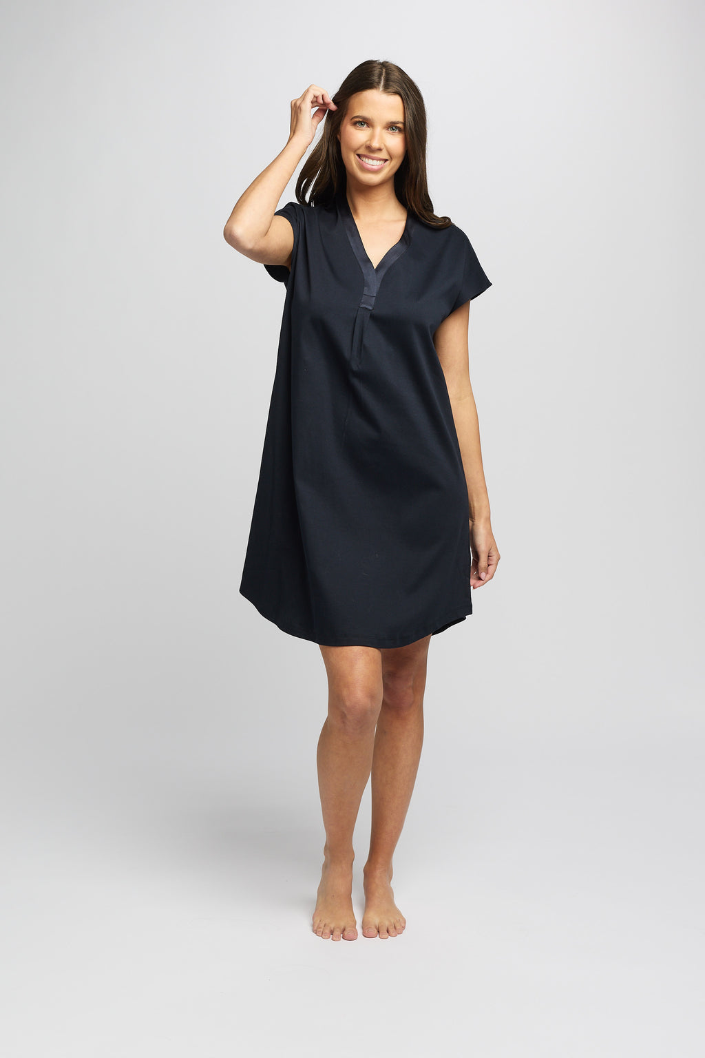 Supima Cotton Silk Trim V Neck Nightie - Navy