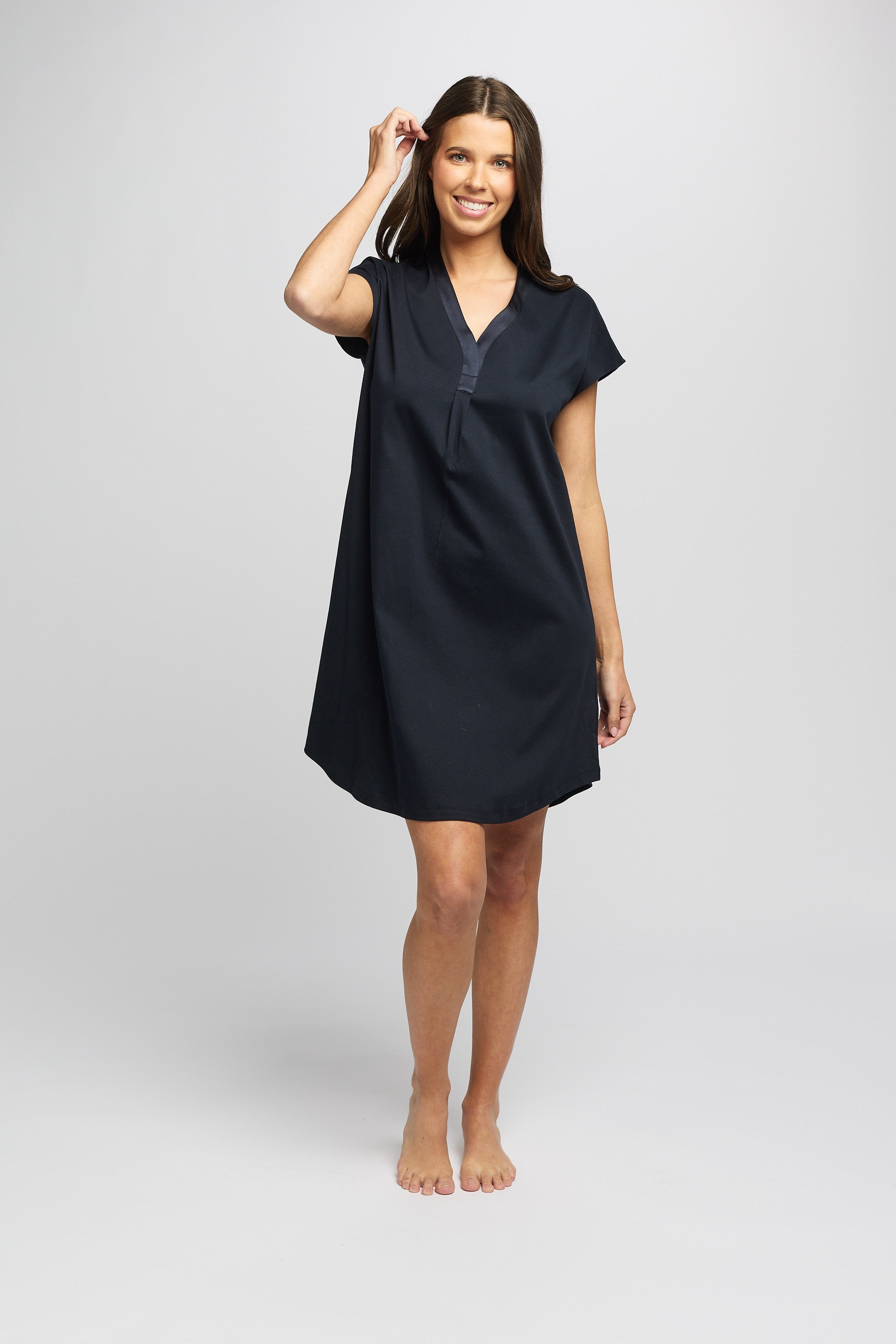 Supima Cotton Silk Trim V Neck Nightie - Navy