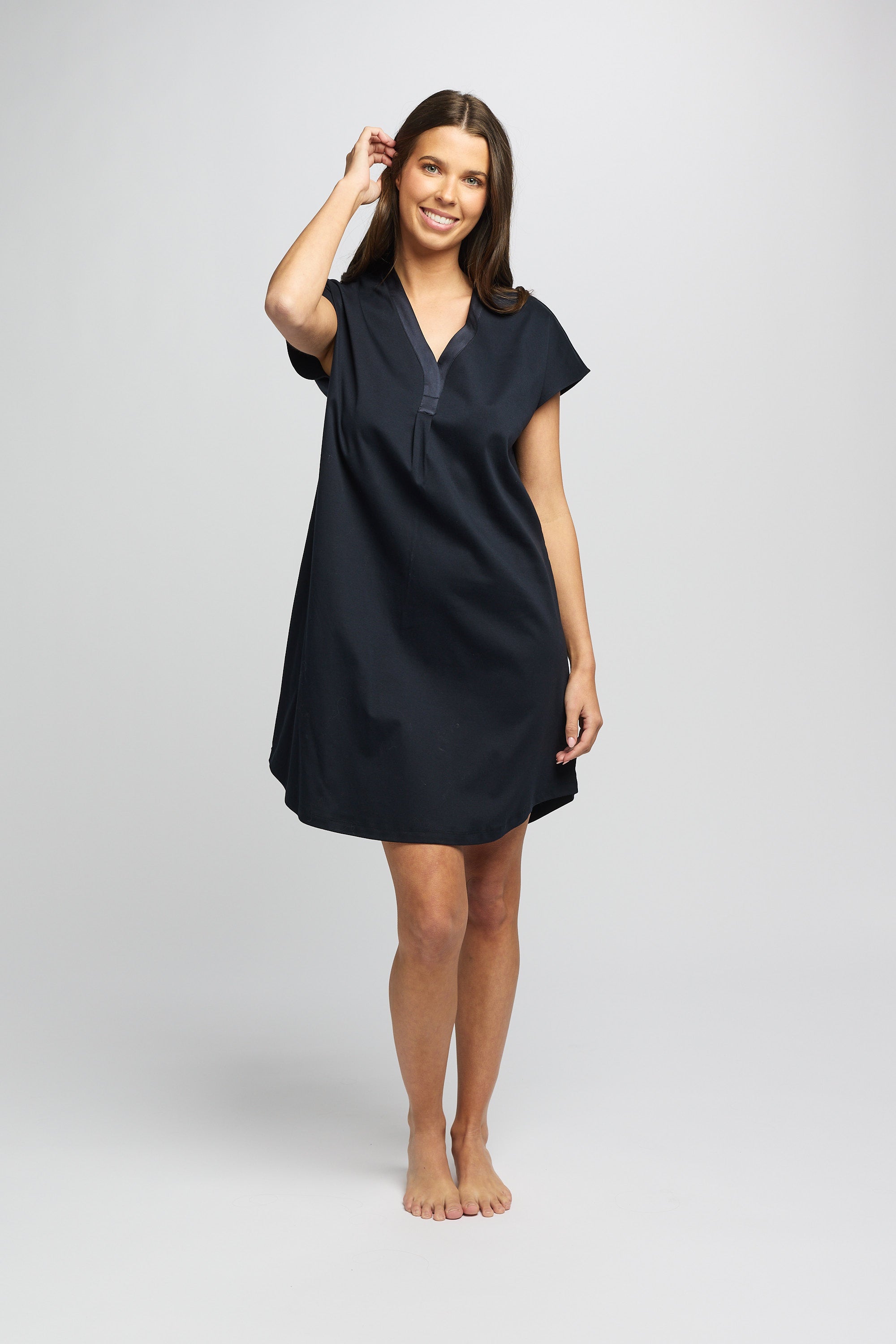 Supima Cotton Silk Trim V Neck Nightie - Navy