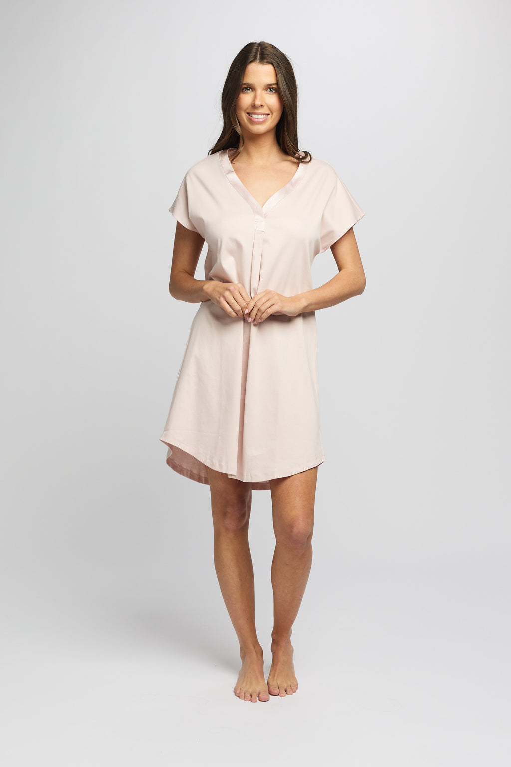 Supima Cotton Silk Trim V Neck Nightie - Pink