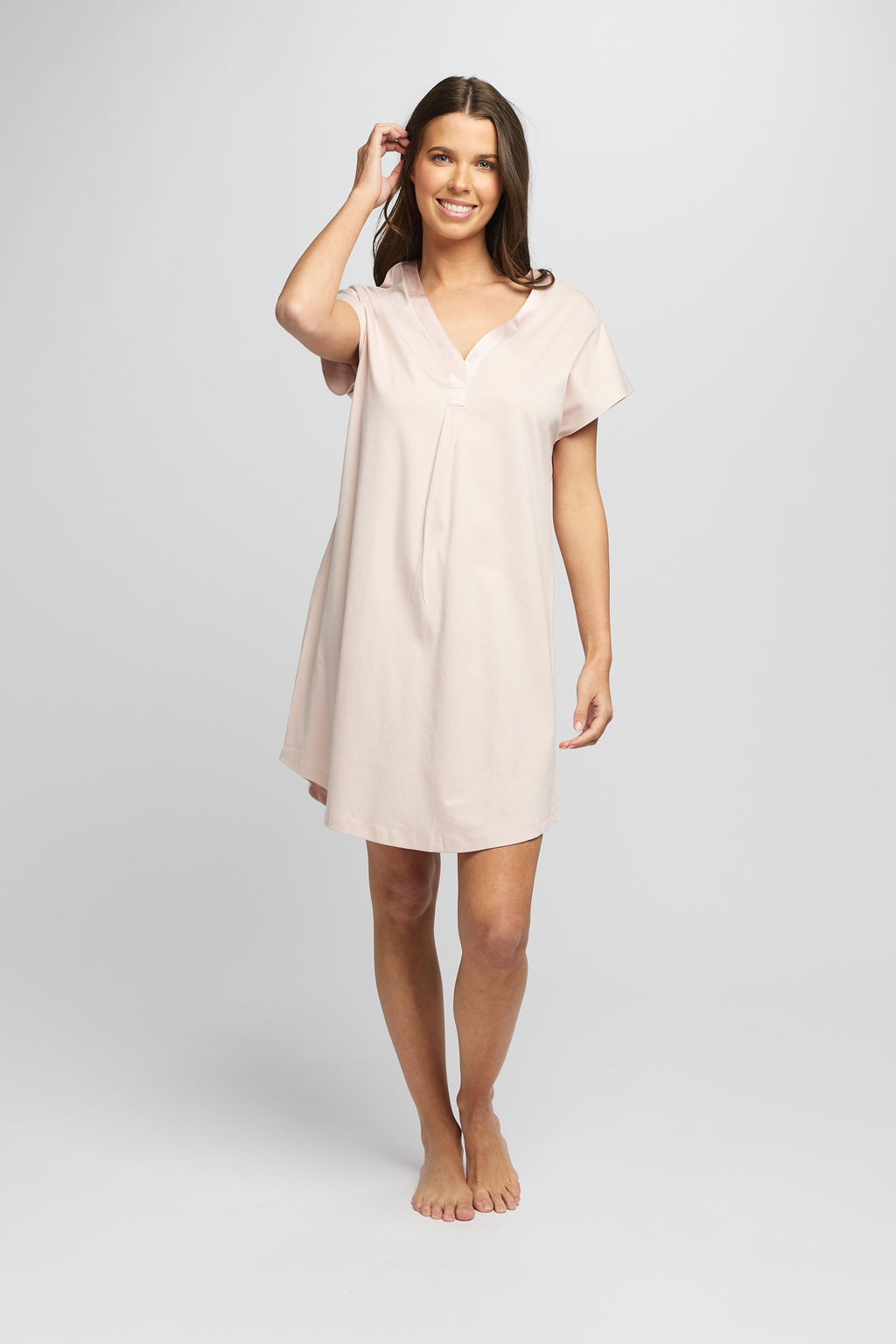 Supima Cotton Silk Trim V Neck Nightie - Pink
