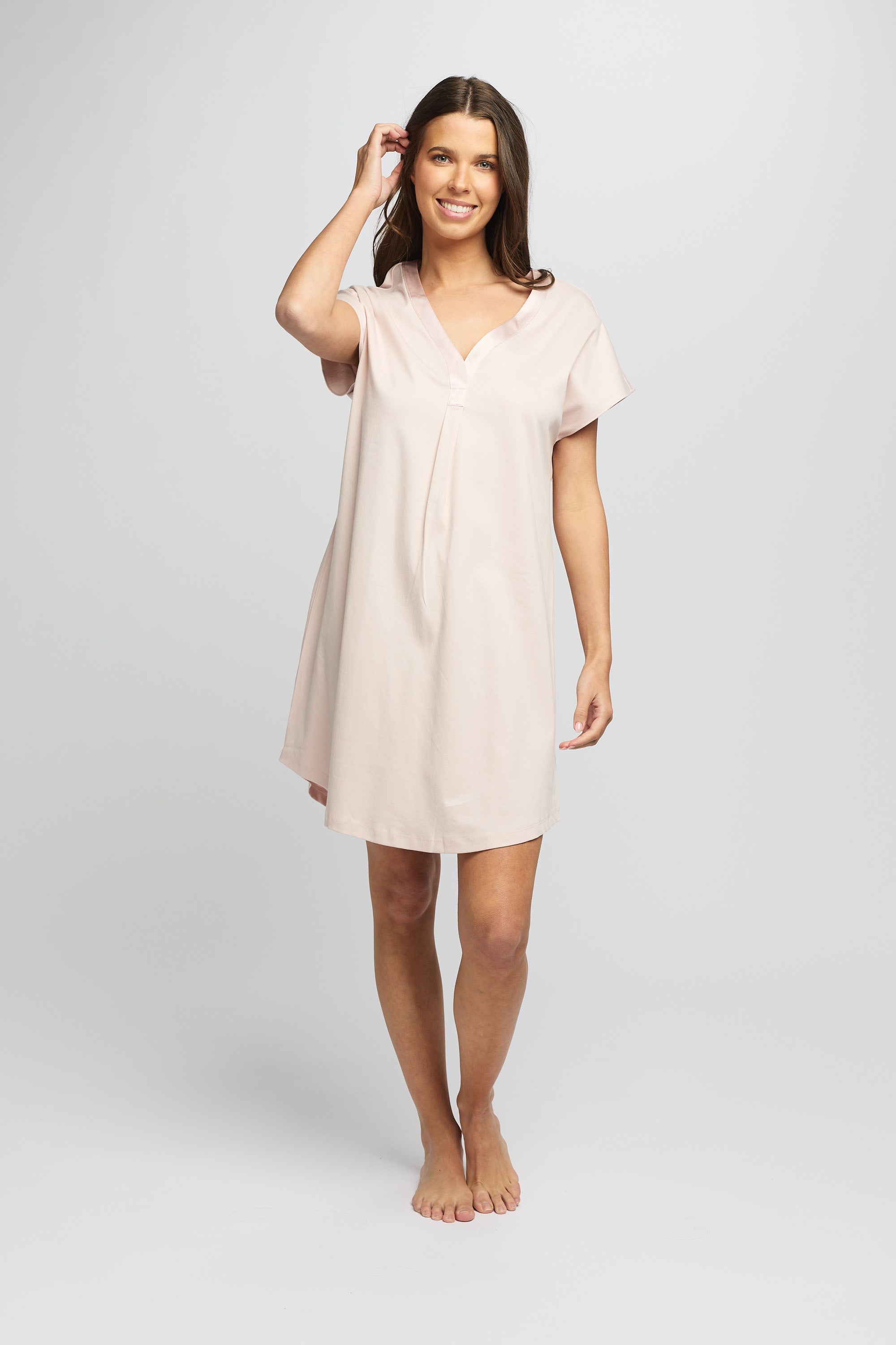 Supima Cotton Silk Trim V Neck Nightie - Pink
