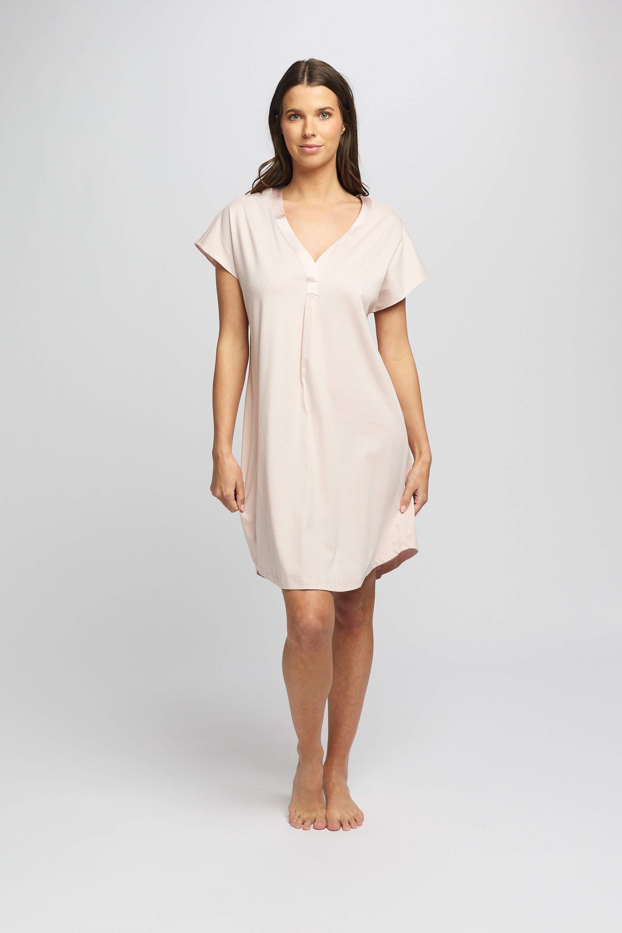 Supima Cotton Silk Trim V Neck Nightie - Pink