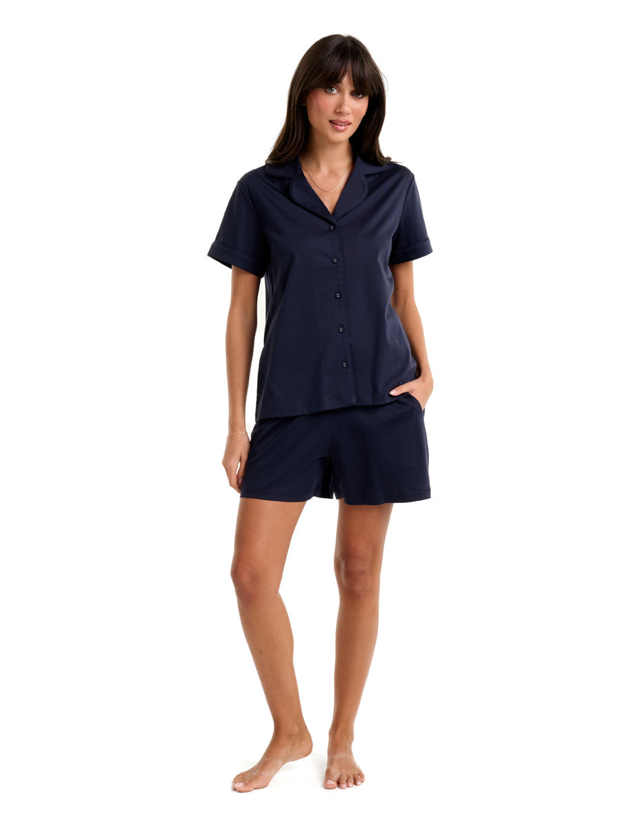 NEW Supima Cotton Piped PJ Short Sleeve Top Navy