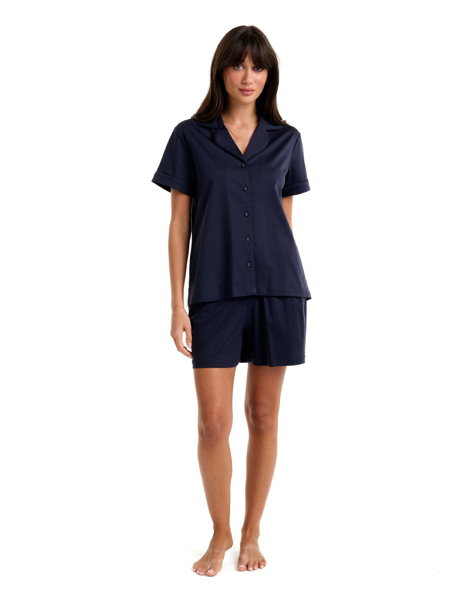 NEW Supima Cotton Piped PJ Short Sleeve Top Navy