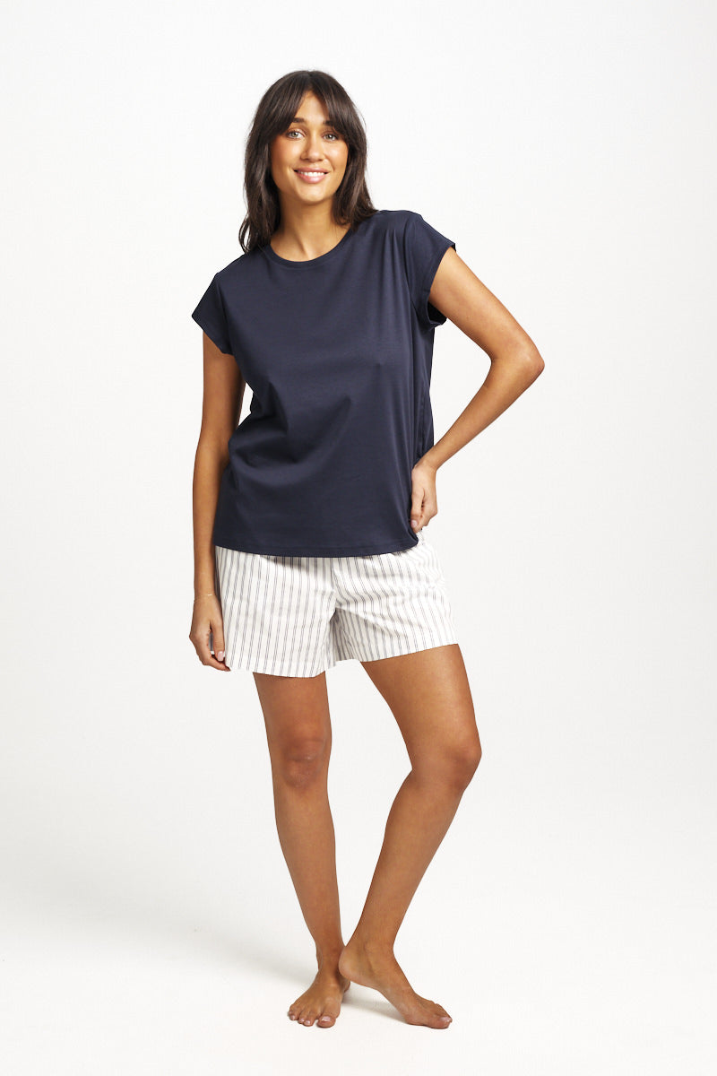 Stripe Cotton Sateen Short Navy Stripe
