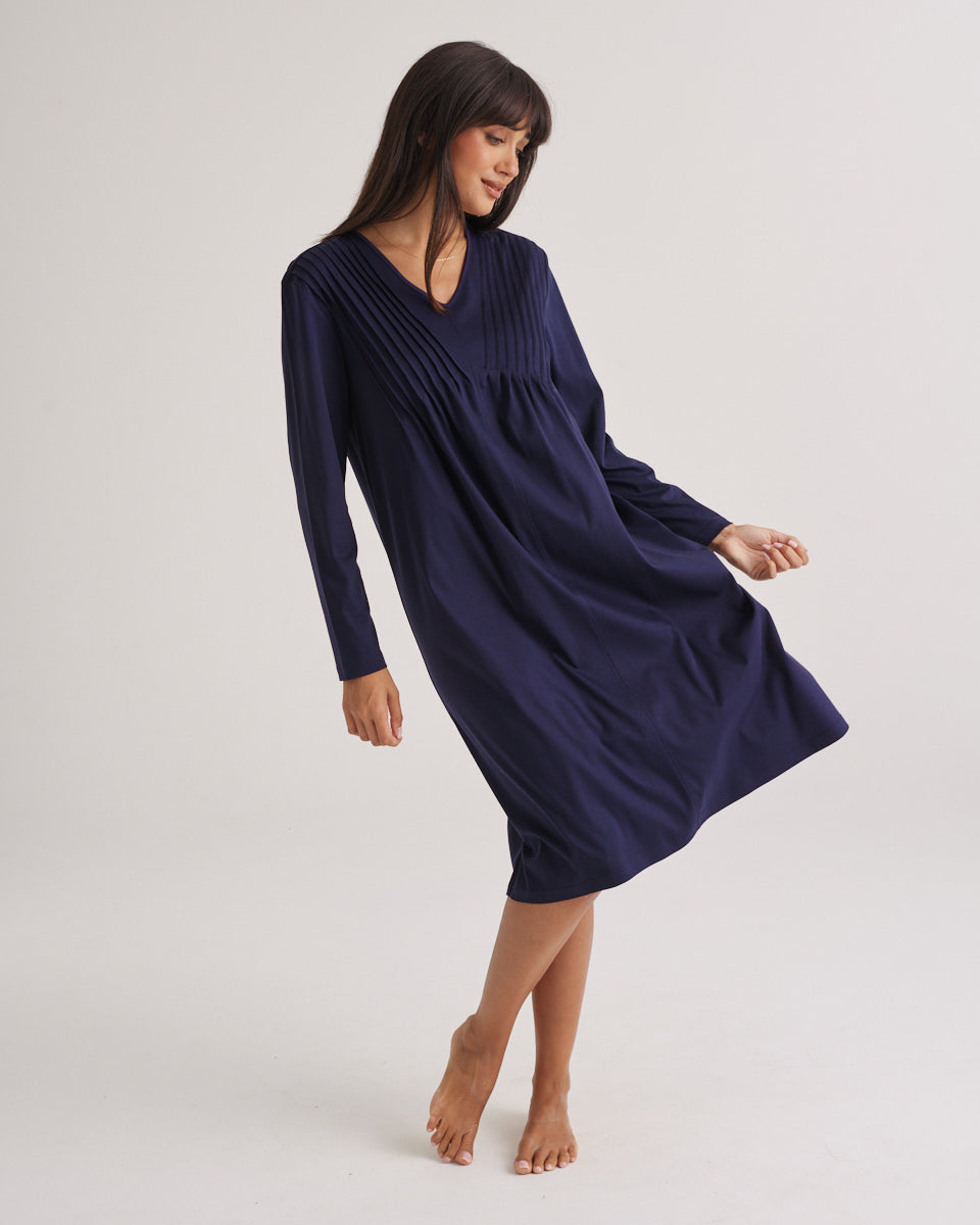 Supima Cotton Long Sleeve Pintuck Nightie Midnight