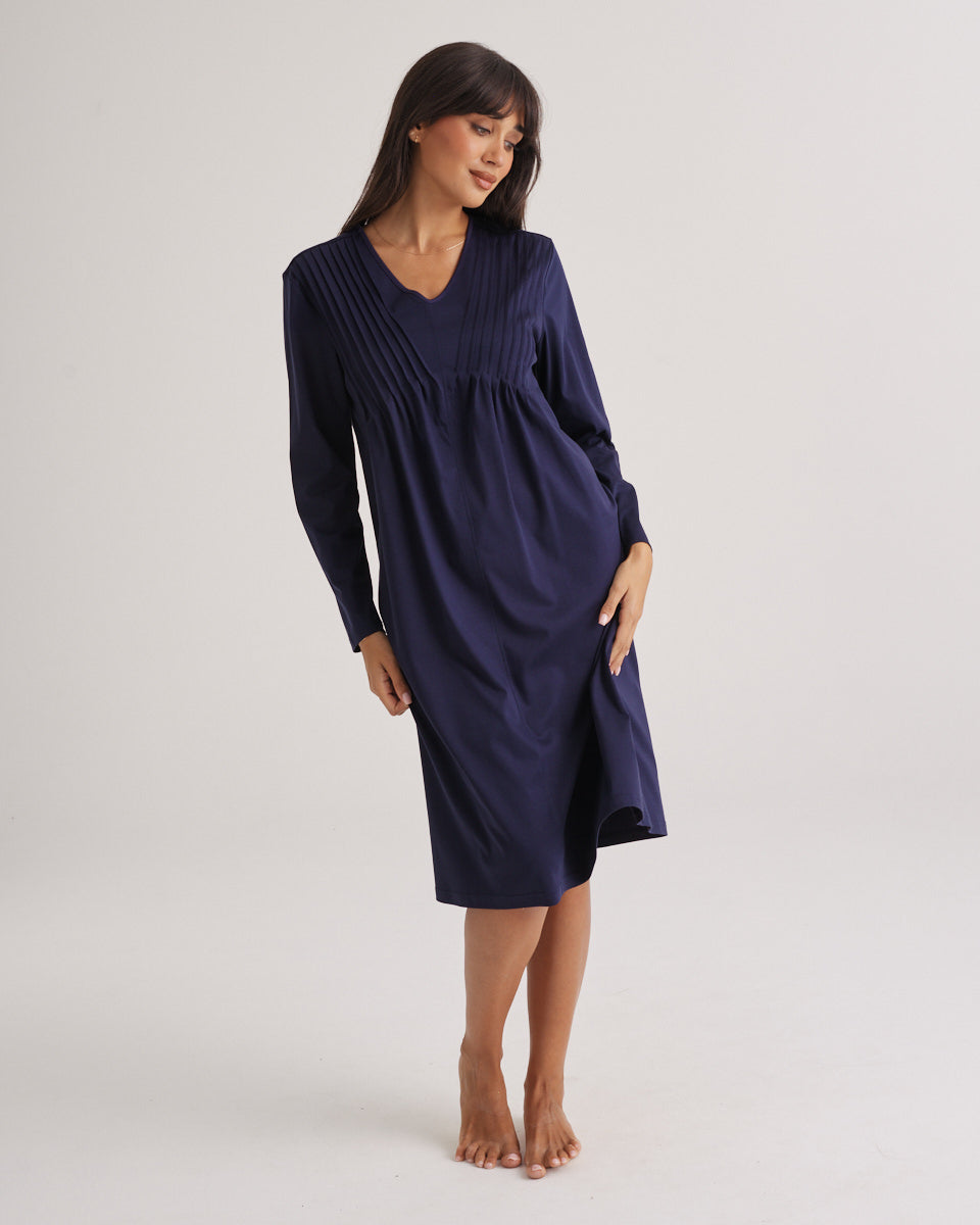 Supima Cotton Long Sleeve Pintuck Nightie Midnight