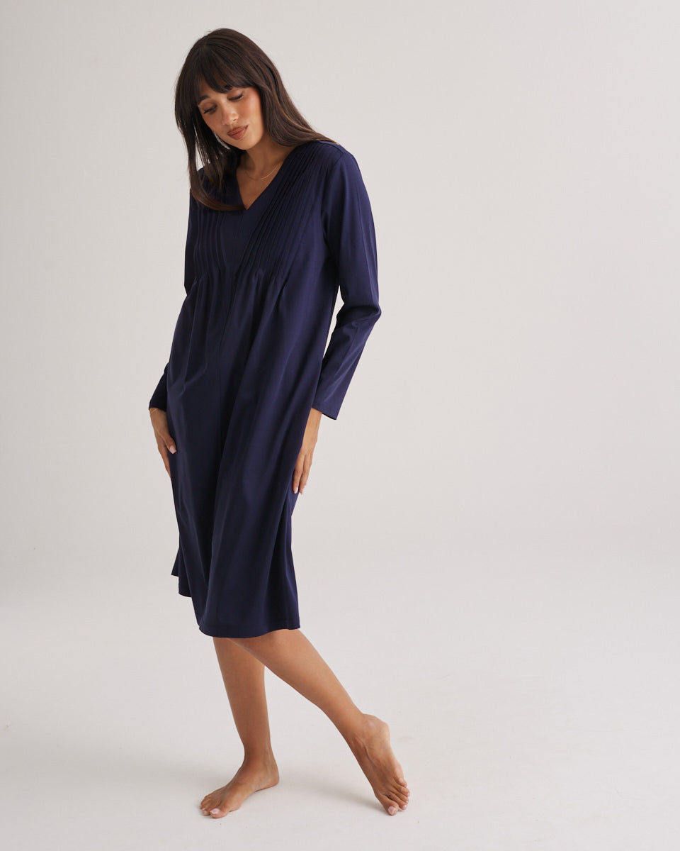Supima Cotton Long Sleeve Pintuck Nightie Midnight
