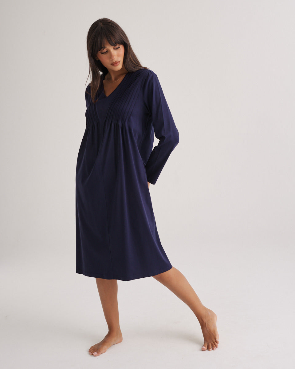 Supima Cotton Long Sleeve Pintuck Nightie Midnight