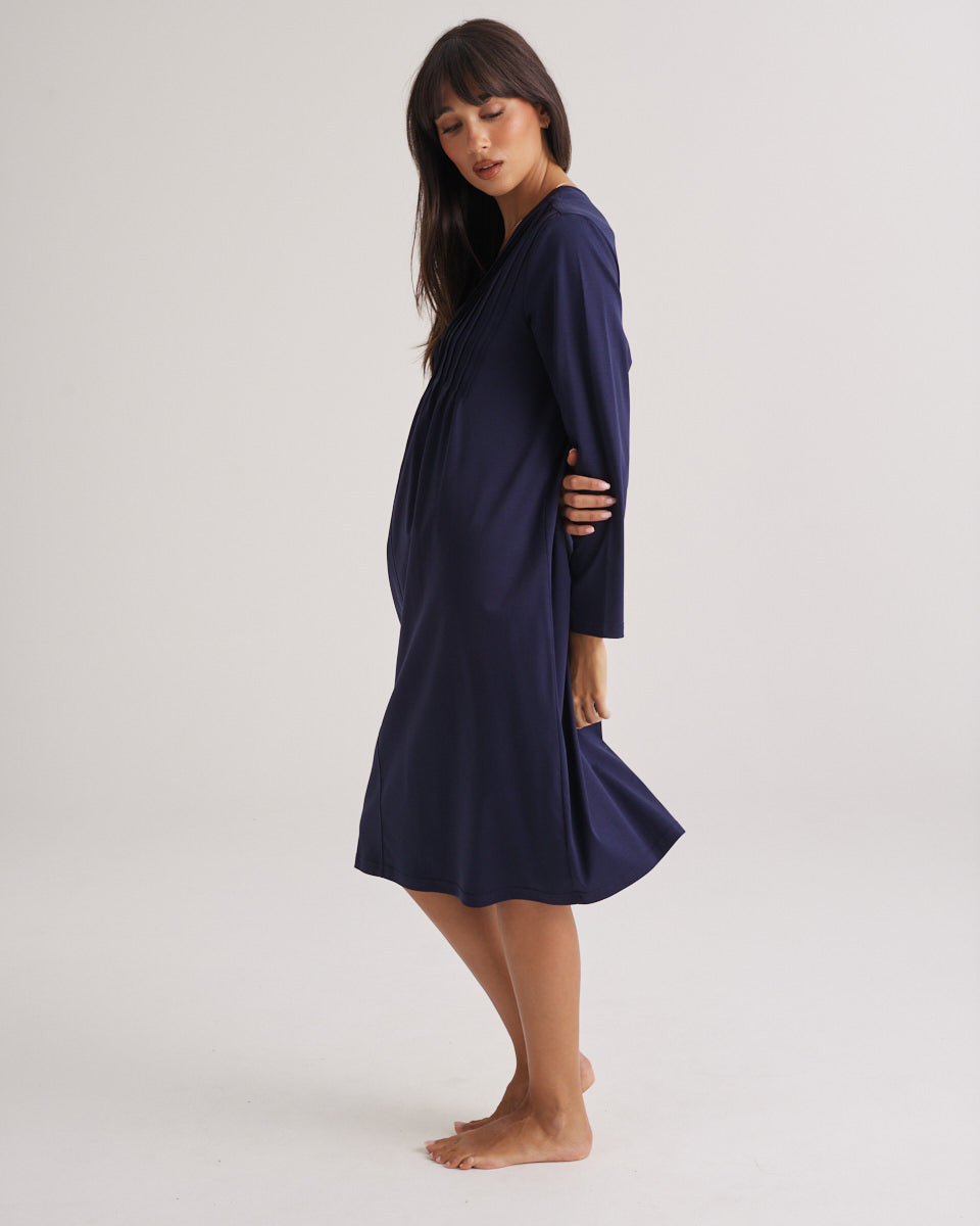 Supima Cotton Long Sleeve Pintuck Nightie Midnight
