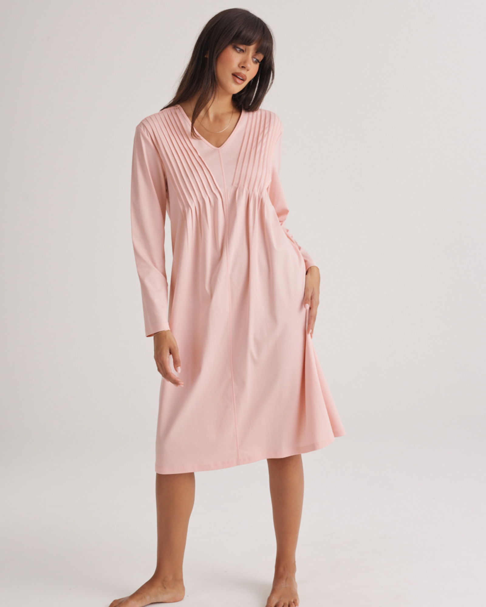 Supima Cotton Long Sleeve Pintuck Nightie Rosewater