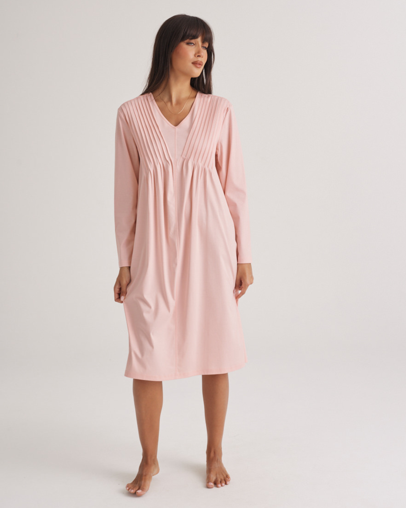 Supima Cotton Long Sleeve Pintuck Nightie Rosewater